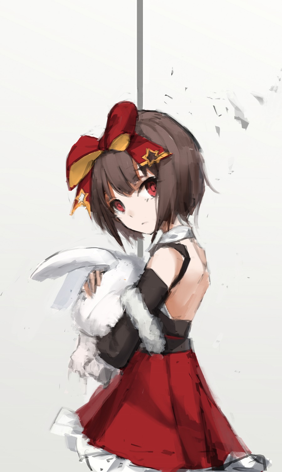 1girl bangs belt blunt_bangs bow brown_hair chocolate_hair detached_sleeves dress from_side girls_frontline grey_background hair_bow highres holding holding_stuffed_animal looking_at_viewer m99_(girls_frontline) open-back_dress rabbit red_bow ribbon short_hair simple_background skirt solo stuffed_animal stuffed_toy unitsu violet_eyes