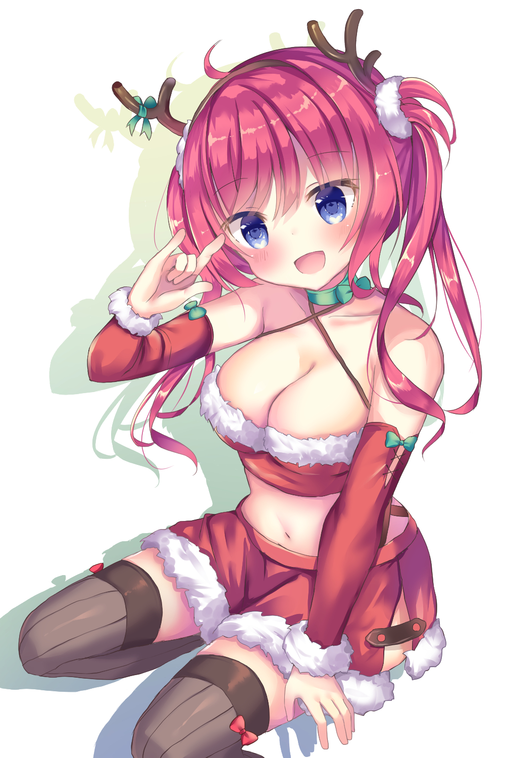 1girl :d \m/ antlers azur_lane bangs bare_shoulders black_legwear blue_eyes blush bow breasts brown_hairband cleavage collarbone commentary_request criss-cross_halter crop_top detached_sleeves eyebrows_visible_through_hair full_body fur-trimmed_shirt fur-trimmed_skirt green_choker hair_between_eyes hair_ornament halterneck head_tilt highres large_breasts long_hair long_sleeves looking_at_viewer midriff navel open_mouth pink_hair red_bow red_shirt red_skirt reindeer_antlers san_diego_(azur_lane) santa_costume shirt simple_background sitting skirt smile solo striped striped_legwear thigh-highs tsuruse twintails vertical-striped_legwear vertical_stripes white_background yokozuwari