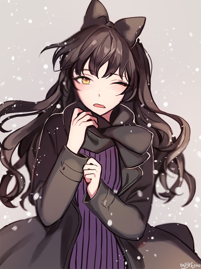 1girl artist_name black_hair blake_belladonna coat ecru one_eye_closed rwby scarf snowing solo sweater yellow_eyes