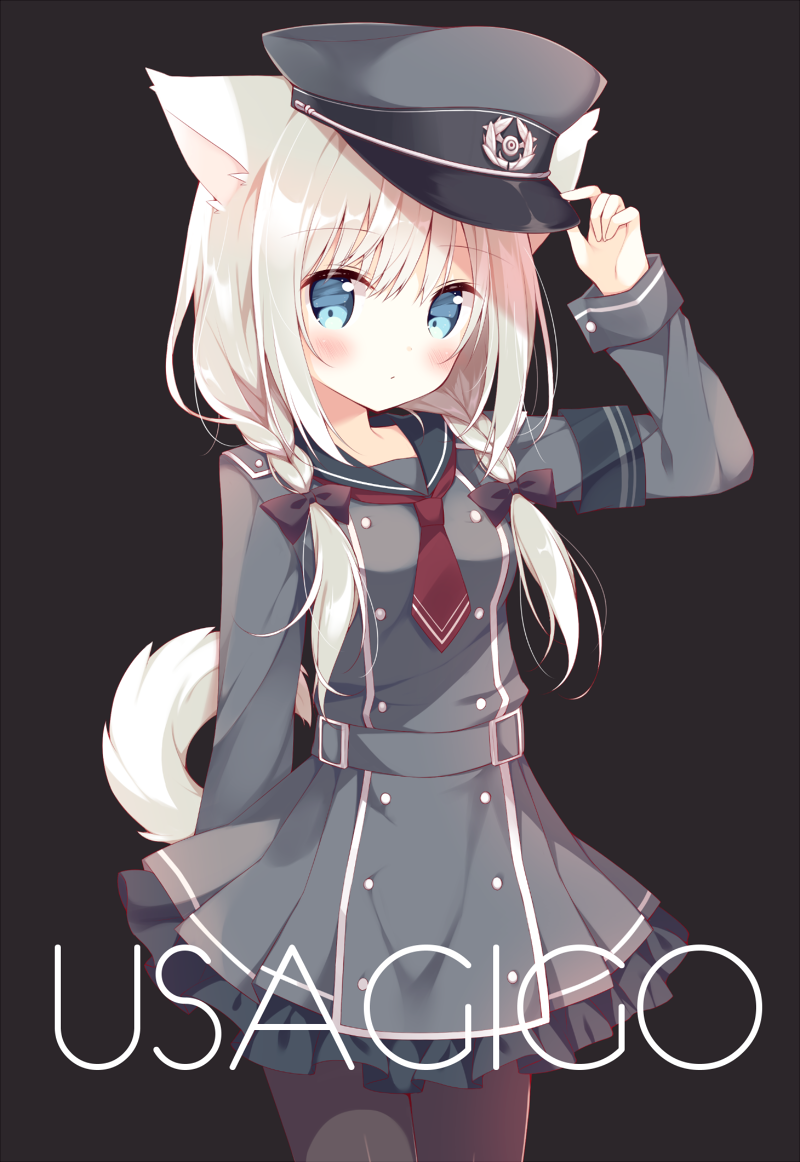 1girl :o animal_ears arm_at_side arm_up bangs black_background black_bow black_legwear blue_eyes blush bow braid commentary_request cowboy_shot dog_ears dog_girl dog_tail dress eyebrows_visible_through_hair grey_dress hair_between_eyes hair_bow hand_on_headwear hat hoshi_(snacherubi) long_hair looking_at_viewer low_twintails necktie original pantyhose parted_lips peaked_cap red_neckwear sailor_dress sidelocks silver_hair simple_background solo tail twin_braids twintails