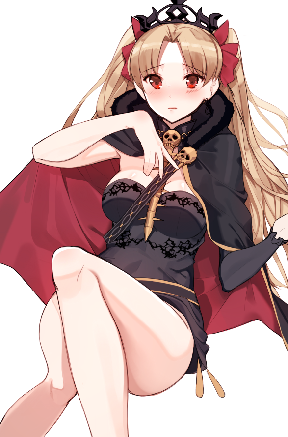 1girl bangs bare_arms bare_legs between_breasts black_cape blonde_hair blush breasts cape commentary convenient_leg crown earrings ereshkigal_(fate/grand_order) eyebrows_visible_through_hair fate/grand_order fate_(series) feet_out_of_frame hand_on_own_chest hona_(pixiv7939518) invisible_chair jewelry long_hair looking_at_viewer medium_breasts parted_bangs parted_lips red_cape red_eyes simple_background single_sleeve sitting solo spine tohsaka_rin two_side_up white_background