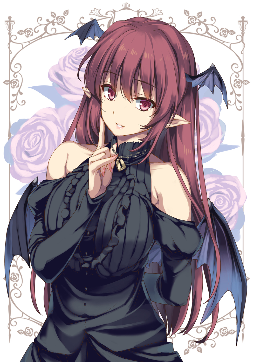 1girl arm_behind_back bare_shoulders black_dress breasts dress finger_to_cheek fingernails flower halter_top halterneck head_wings highres jewelry koakuma large_breasts long_fingernails long_hair looking_at_viewer moneti_(daifuku) nail_polish necklace parted_lips pink_eyes pinky_out pointy_ears purple_hair smile solo touhou wings