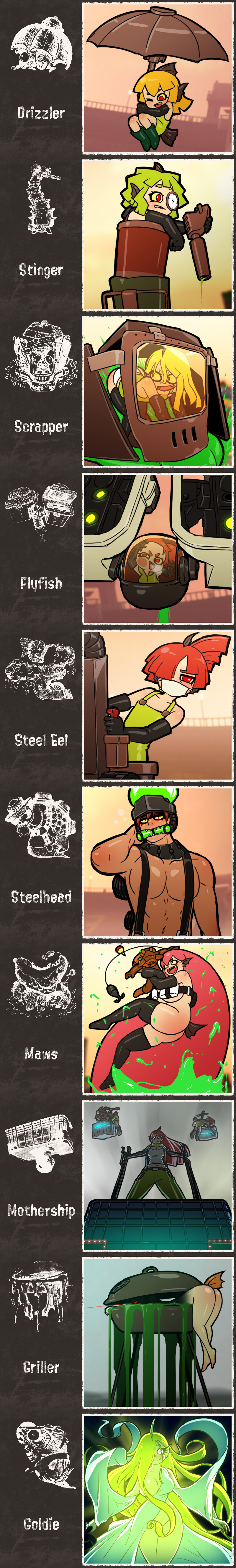 1girl 6+boys absurdres ass breasts character_name highres humanization long_image mike_inel multiple_boys red_eyes salmonid splatoon splatoon_2 tall_image