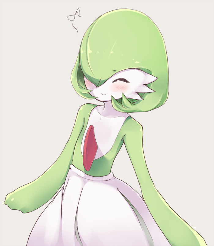 ^_^ blush closed_eyes closed_mouth collarbone facing_viewer flan_(harry_mackenzie) gardevoir grey_background happy musical_note no_humans pokemon pokemon_(creature) quaver simple_background smile solo upper_body whistling