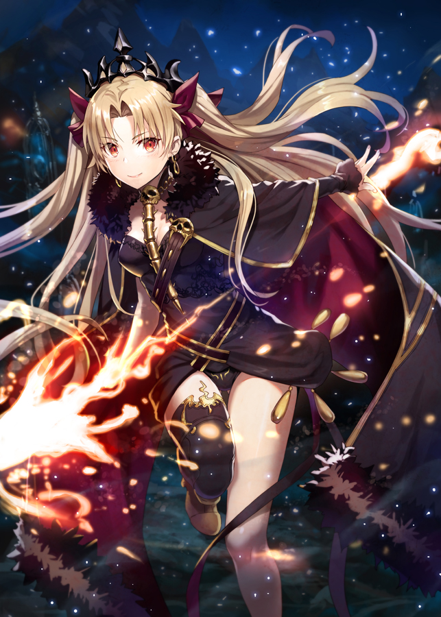 1girl asymmetrical_legwear bangs between_breasts black_legwear blonde_hair blush cape commentary_request earrings ereshkigal_(fate/grand_order) fate/grand_order fate_(series) fire fur-trimmed_cape fur_trim gabiran hair_ribbon jewelry light_particles long_hair looking_at_viewer parted_bangs red_cape red_eyes red_ribbon ribbon single_thighhigh skull smile solo thigh-highs tiara tohsaka_rin twintails two_side_up