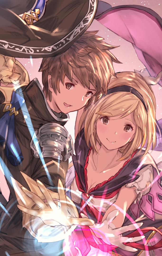 1boy 1girl black_hairband blonde_hair blush breasts brown_eyes brown_hair cleavage closed_mouth djeeta_(granblue_fantasy) gloves gran_(granblue_fantasy) granblue_fantasy hairband looking_at_viewer milli_little open_mouth short_hair sketch smile white_gloves