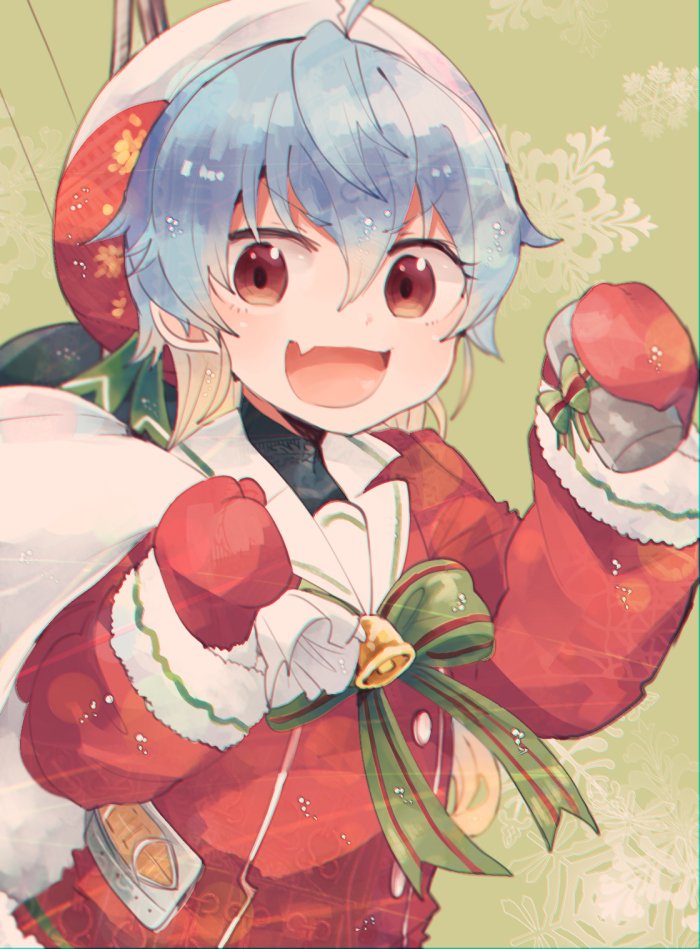 1girl bag bell blue_hair coat itomugi-kun long_sleeves looking_at_viewer mittens multicolored_hair open_mouth red_coat red_eyes red_mittens sado_(kantai_collection) santa_costume short_hair smile snowflakes solo