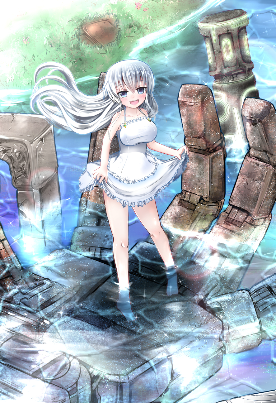 1girl :d bangs barefoot blue_eyes blush breasts day dress dress_lift frilled_dress frills halterneck highres in_palm kagitsume large_breasts long_hair looking_at_viewer mecha open_mouth original outdoors river silver_hair smile solo standing sundress very_long_hair wading water white_dress wind