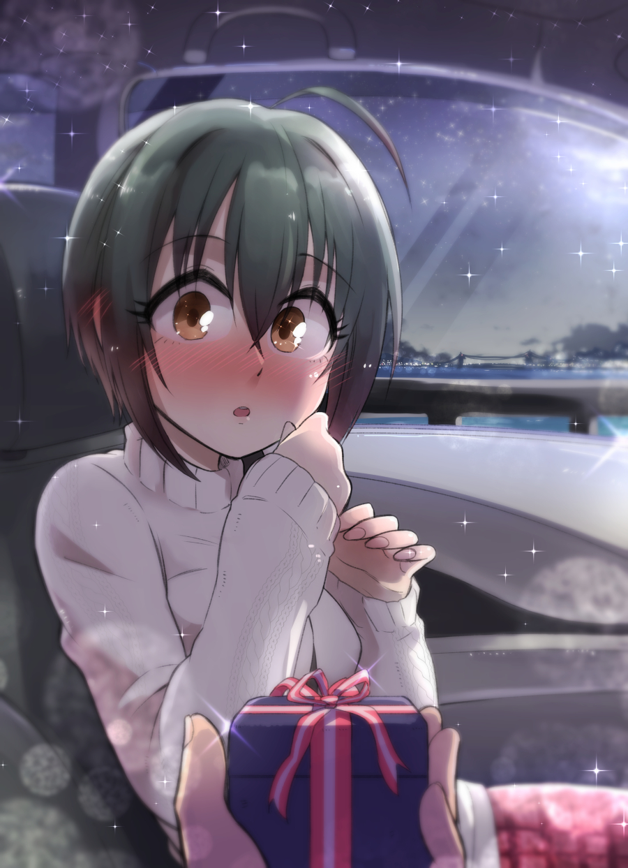 1girl ahoge black_hair blush box brown_eyes car_interior commentary_request gift gift_box highres holding holding_gift idolmaster idolmaster_cinderella_girls ishii_takuma kohinata_miho parted_lips pov pov_hands short_hair sweater