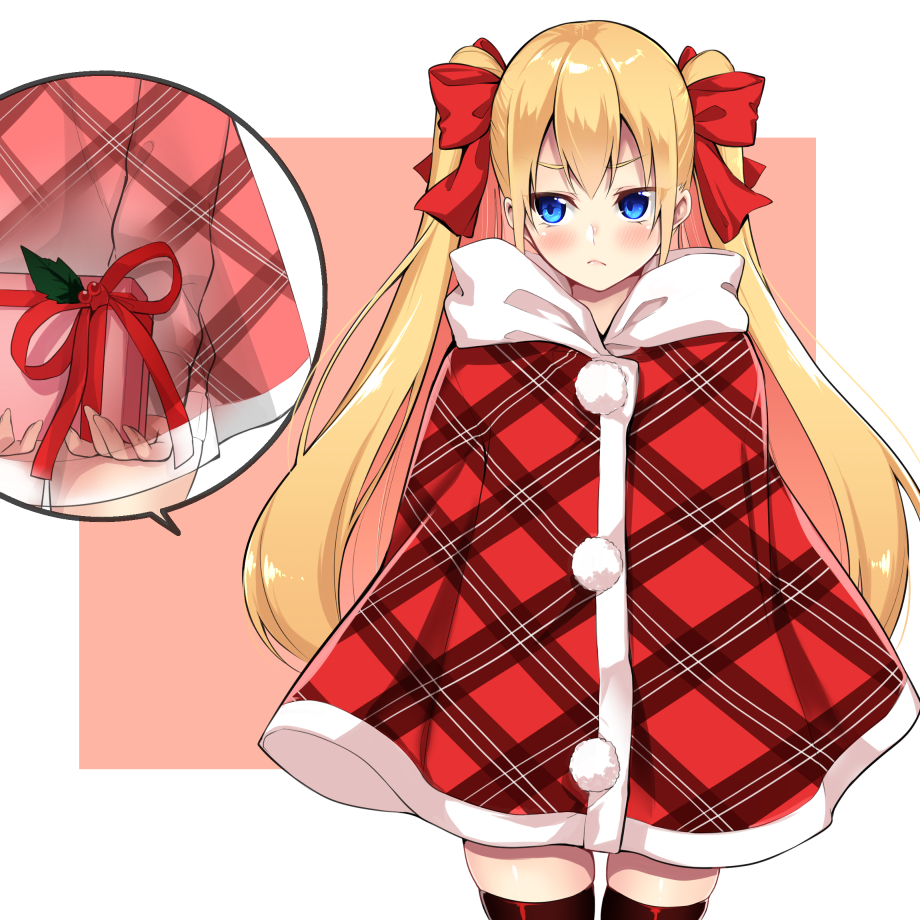 1girl bangs black_legwear blonde_hair blue_eyes blush bow box closed_mouth commentary_request cowboy_shot eyebrows_visible_through_hair gift gift_box hair_between_eyes hair_bow holding holding_gift long_hair looking_at_viewer original plaid plaid_cloak red_bow red_cloak solo thigh-highs twintails very_long_hair x-ray yukino_(yukinosora1126)