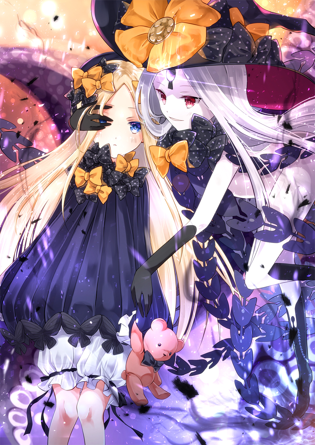 2girls abigail_williams_(fate/grand_order) bangs black_bow black_dress black_gloves black_hat black_legwear black_panties blonde_hair bloomers blue_eyes blush bow butterfly commentary_request dress dual_persona elbow_gloves eye_contact fate/grand_order fate_(series) gloves glowing hair_bow hand_on_another's_face hat hat_bow highres holding holding_stuffed_animal iroha_(shiki) kneehighs long_hair long_sleeves looking_at_another looking_at_viewer multiple_girls orange_bow pale_skin panties parted_bangs parted_lips polka_dot polka_dot_bow red_eyes revealing_clothes sleeves_past_wrists stuffed_animal stuffed_toy teddy_bear tentacle topless underwear very_long_hair white_bloomers white_hair witch_hat