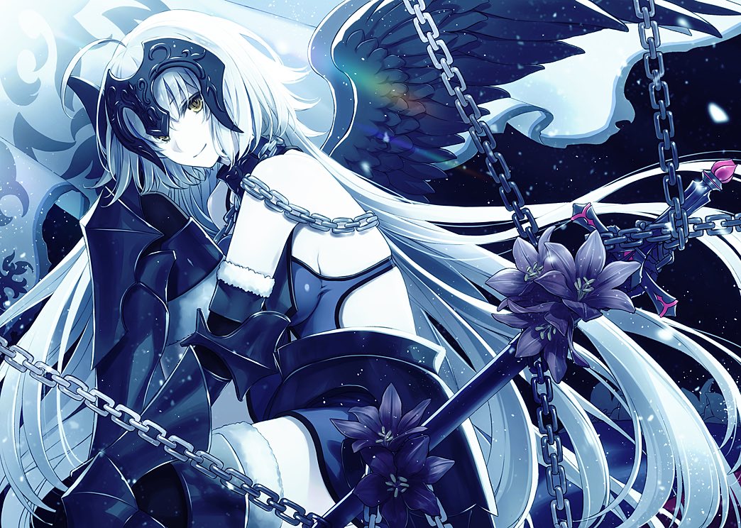 1girl bare_shoulders black_wings brown_eyes elbow_gloves fate/grand_order fate_(series) flower gauntlets gloves headpiece jeanne_d'arc_(alter)_(fate) jeanne_d'arc_(fate) jeanne_d'arc_(fate)_(all) long_hair smile solo thigh-highs white_hair wings yashiro_seika