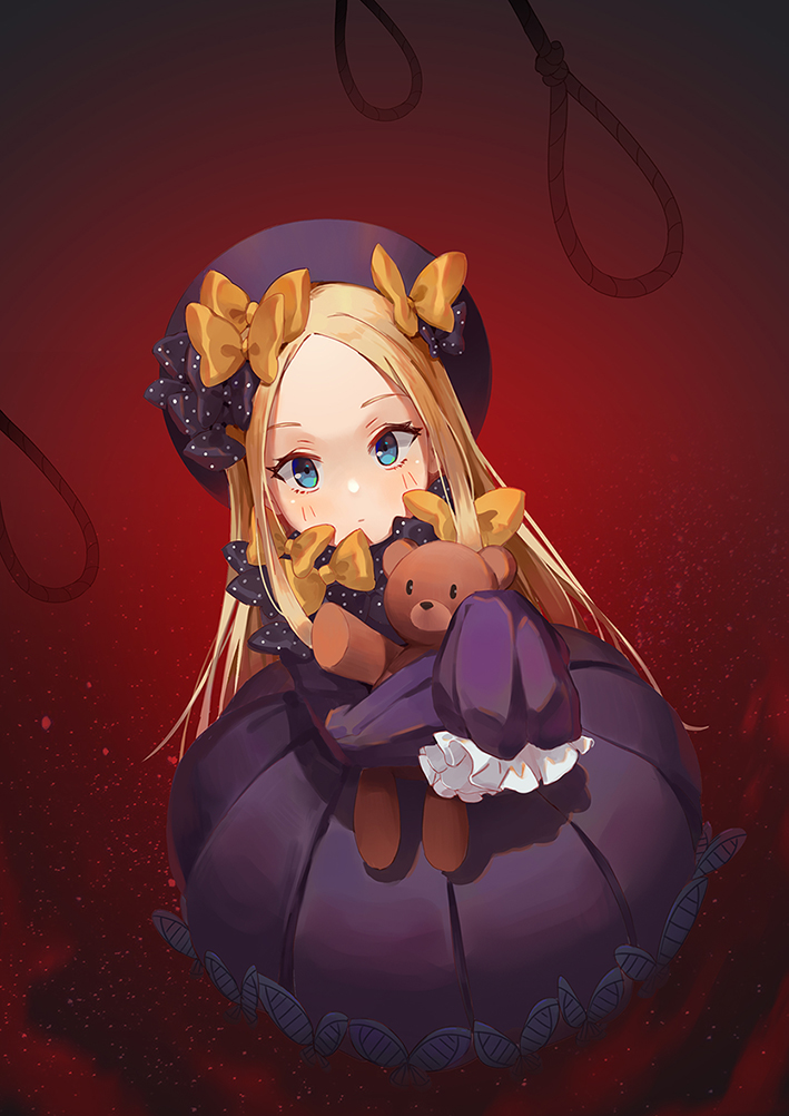 1girl abigail_williams_(fate/grand_order) bangs black_bow black_dress black_hat blonde_hair blue_eyes blush bow butterfly closed_mouth commentary_request dress fate/grand_order fate_(series) forehead hair_bow hat long_hair long_sleeves looking_at_viewer noose object_hug orange_bow parted_bangs polka_dot polka_dot_bow red_background sleeves_past_wrists smile_(mm-l) solo stuffed_animal stuffed_toy teddy_bear very_long_hair