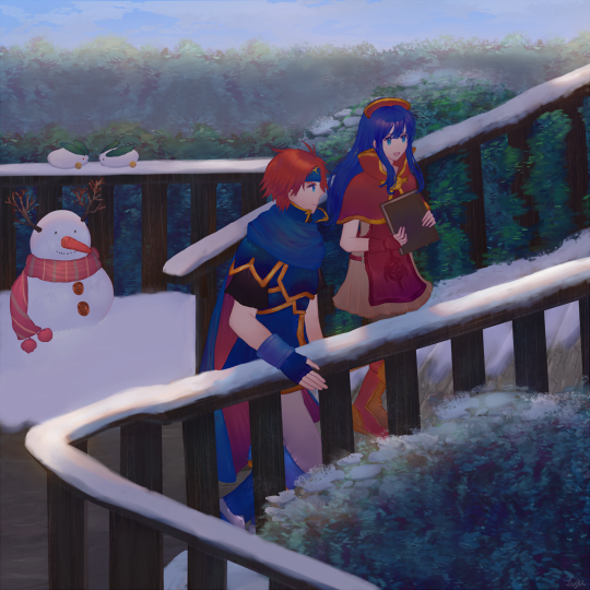 1boy 1girl armor blue_hair cape dress fire_emblem fire_emblem:_fuuin_no_tsurugi fire_emblem:_the_binding_blade fire_emblem_heroes hat intelligent_systems lijupy lilina lilina_(fire_emblem) nintendo redhead roy_(fire_emblem) smile snow