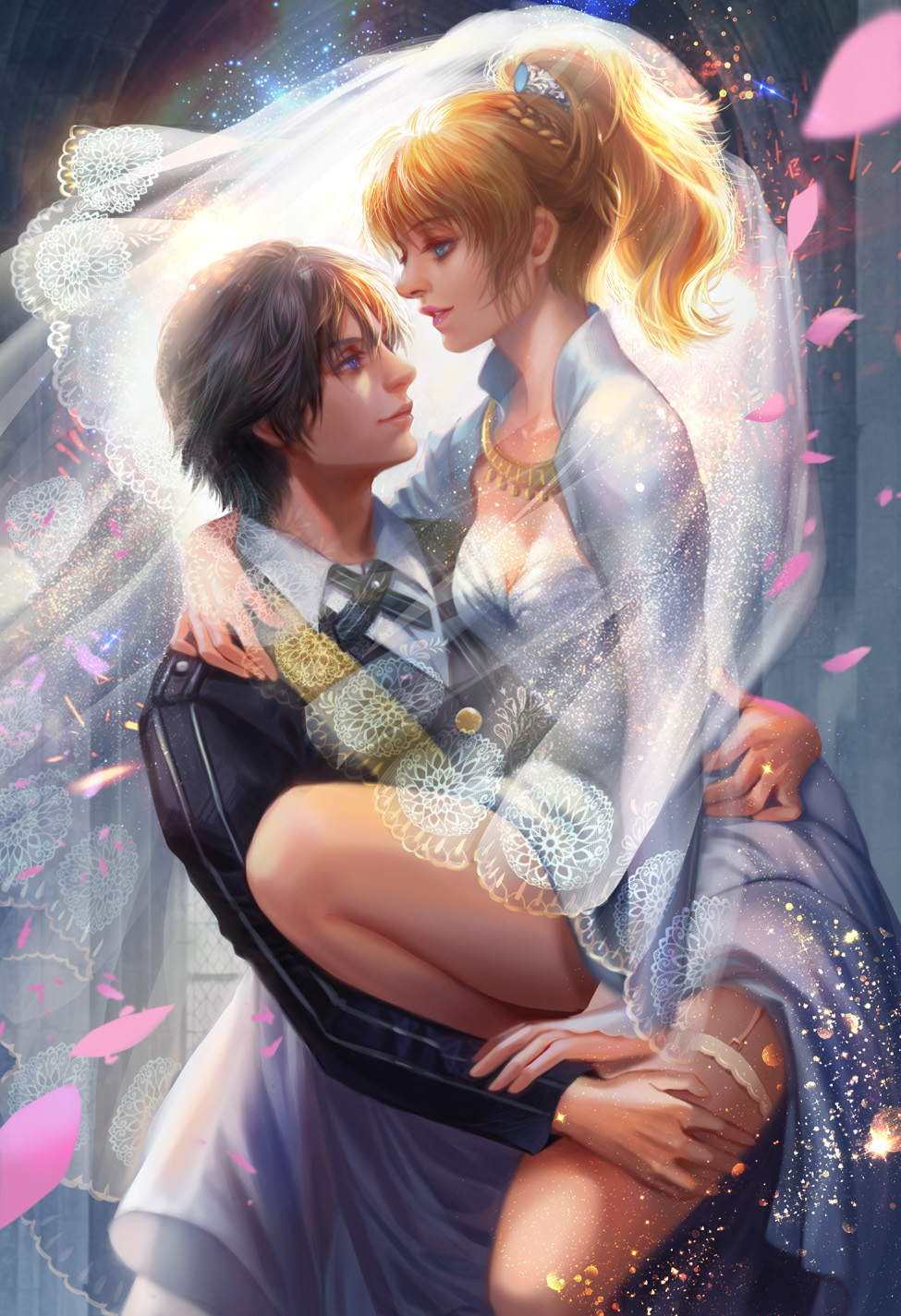 1boy 1girl black_hair blonde_hair blue_eyes breasts bridal_veil carrying cleavage couple dress final_fantasy final_fantasy_xv formal garter_straps highres lips long_hair lunafreya_nox_fleuret medium_breasts noctis_lucis_caelum nose ponytail princess_carry suit veil white_dress yang_fan