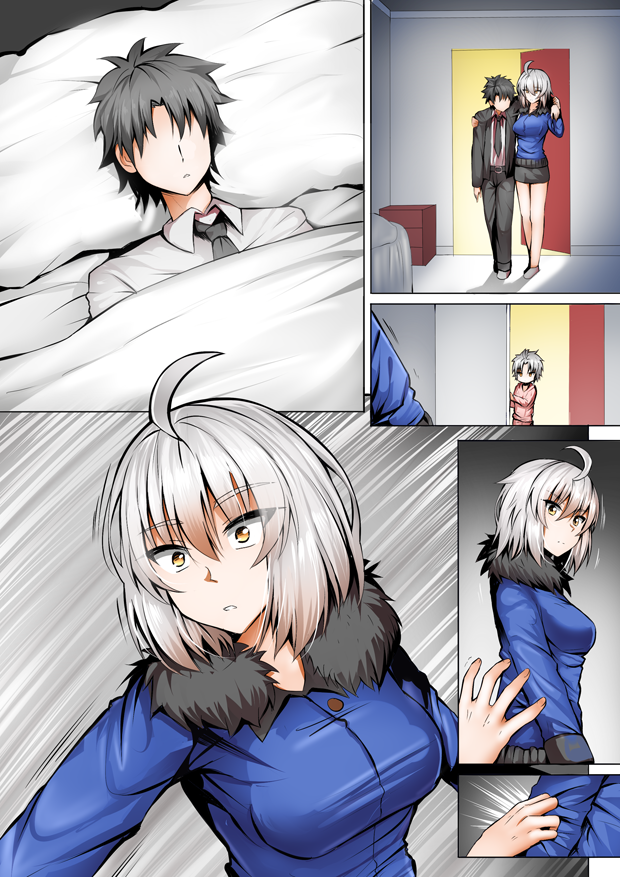 1girl 2boys ahoge arm_grab bangs black_hair black_skirt blue_shirt breasts carrying casual comic commentary door eyebrows_visible_through_hair faceless faceless_male fate/grand_order fate_(series) formal fujimaru_ritsuka_(male) fur_trim ginhaha if_they_mated indoors jeanne_d'arc_(alter)_(fate) jeanne_d'arc_(fate)_(all) long_sleeves medium_breasts motion_lines multiple_boys open_door peeking shirt short_hair shoulder_support silent_comic silver_hair skirt surprised under_covers yellow_eyes