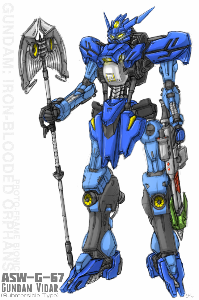 bionicle crossover gali gun gundam gundam_tekketsu_no_orphans gundam_vidar lego mecha namesake no_humans polearm pun the_lego_group weapon yellow_eyes