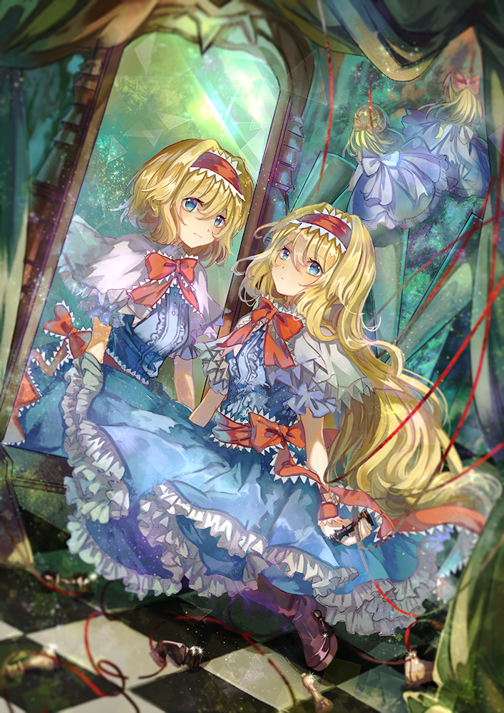 1girl alice_margatroid alternate_hairstyle blonde_hair blue_dress blue_eyes boots bow capelet checkered checkered_floor chess_piece commentary_request dress frills hairband lolita_hairband long_hair looking_at_viewer mirror petticoat puffy_short_sleeves puffy_sleeves red_bow red_hairband red_neckwear red_sash red_string reflection revision shanghai_doll short_hair short_sleeves string touhou very_long_hair vima wrist_cuffs