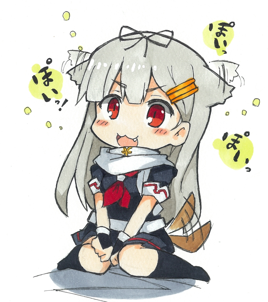 1girl :3 :d alternate_hair_color animal_ears bangs black_gloves black_legwear black_shirt blush chibi commentary_request dog_ears dog_tail fang fingerless_gloves gloves hair_ears hair_flaps hair_ornament hairclip igo_miku kantai_collection long_hair looking_at_viewer open_mouth poi red_eyes scarf shirt short_sleeves sitting slit_pupils smile socks solo tail traditional_media wariza white_scarf yuudachi_(kantai_collection)