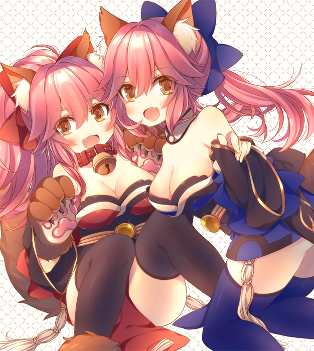 2girls animal_ears anju_(mocomocousagi) bare_shoulders bell bell_collar black_legwear blue_legwear blush breasts cat_paws cleavage collar detached_sleeves dual_persona fangs fate/grand_order fate_(series) fox_ears fox_tail gloves hair_ribbon japanese_clothes jingle_bell large_breasts long_hair looking_at_viewer multiple_girls open_mouth paw_gloves paw_shoes paws pink_hair ponytail ribbon shoes tail tamamo_(fate)_(all) tamamo_cat_(fate) tamamo_no_mae_(fate) thigh-highs yellow_eyes