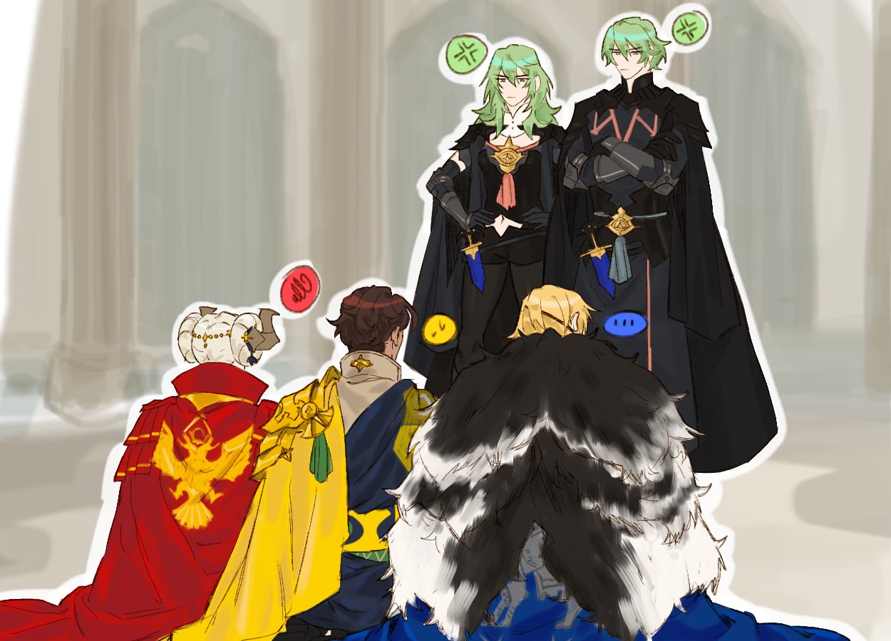 armor blonde_hair blue_eyes byleth_(fire_emblem) byleth_eisner_(female) byleth_eisner_(male) cape claude_von_regan closed_mouth crossed_arms dagger dimitri_alexandre_bladud edelgard_von_hresvelg fire_emblem fire_emblem:_three_houses fur gloves green_hair long_hair multiple_boys multiple_girls short_hair sunsembrace uniform weapon