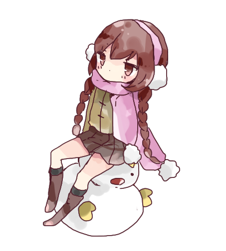 1girl bangs black_legwear blush boots braid brown_eyes brown_footwear brown_hair brown_skirt covered_mouth earmuffs full_body green_jacket jacket knee_boots kneehighs looking_at_viewer low_twintails original pink_scarf pleated_skirt pom_pom_(clothes) scarf simple_background sitting skirt snowman solo tsukiyo_(skymint) twin_braids twintails white_background