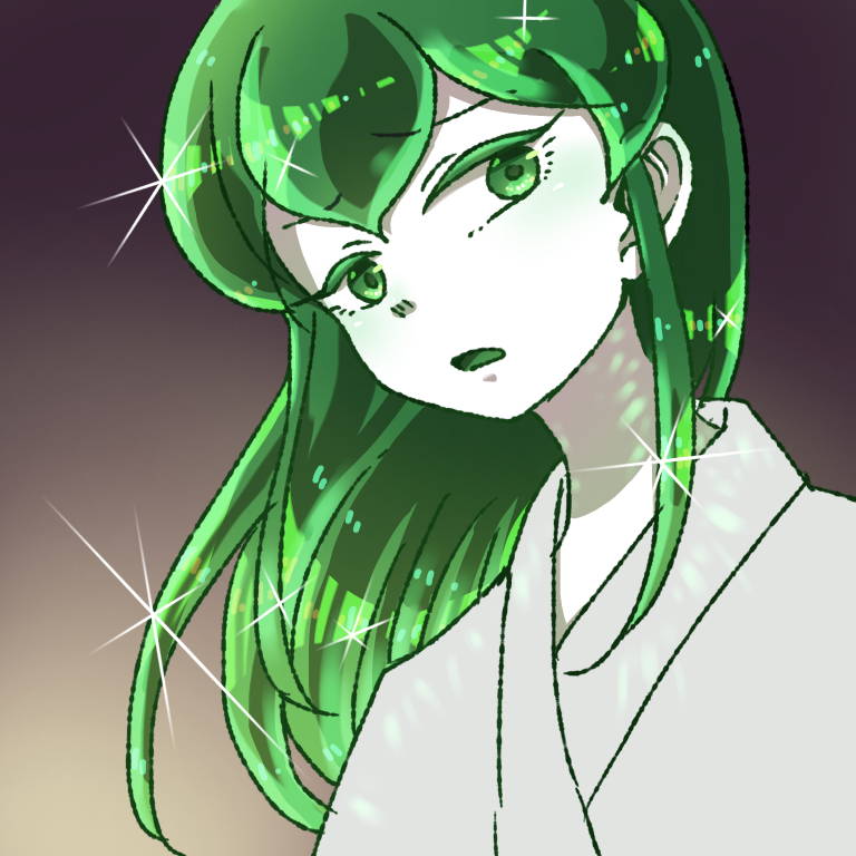 androgynous green_eyes green_hair hair_down houseki_no_kuni jade_(houseki_no_kuni) long_hair solo sparkle