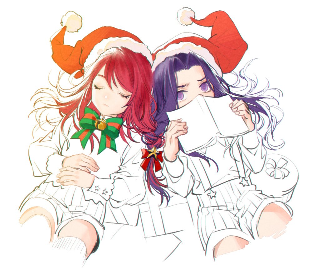 2boys berserker_(fate/zero) book bow child closed_eyes covered_mouth fate/grand_order fate/zero fate_(series) hat long_hair looking_at_viewer male_focus multiple_boys partially_colored purple_hair redhead santa_costume santa_hat shorts suspender_shorts suspenders tristan_(fate/grand_order) violet_eyes younger