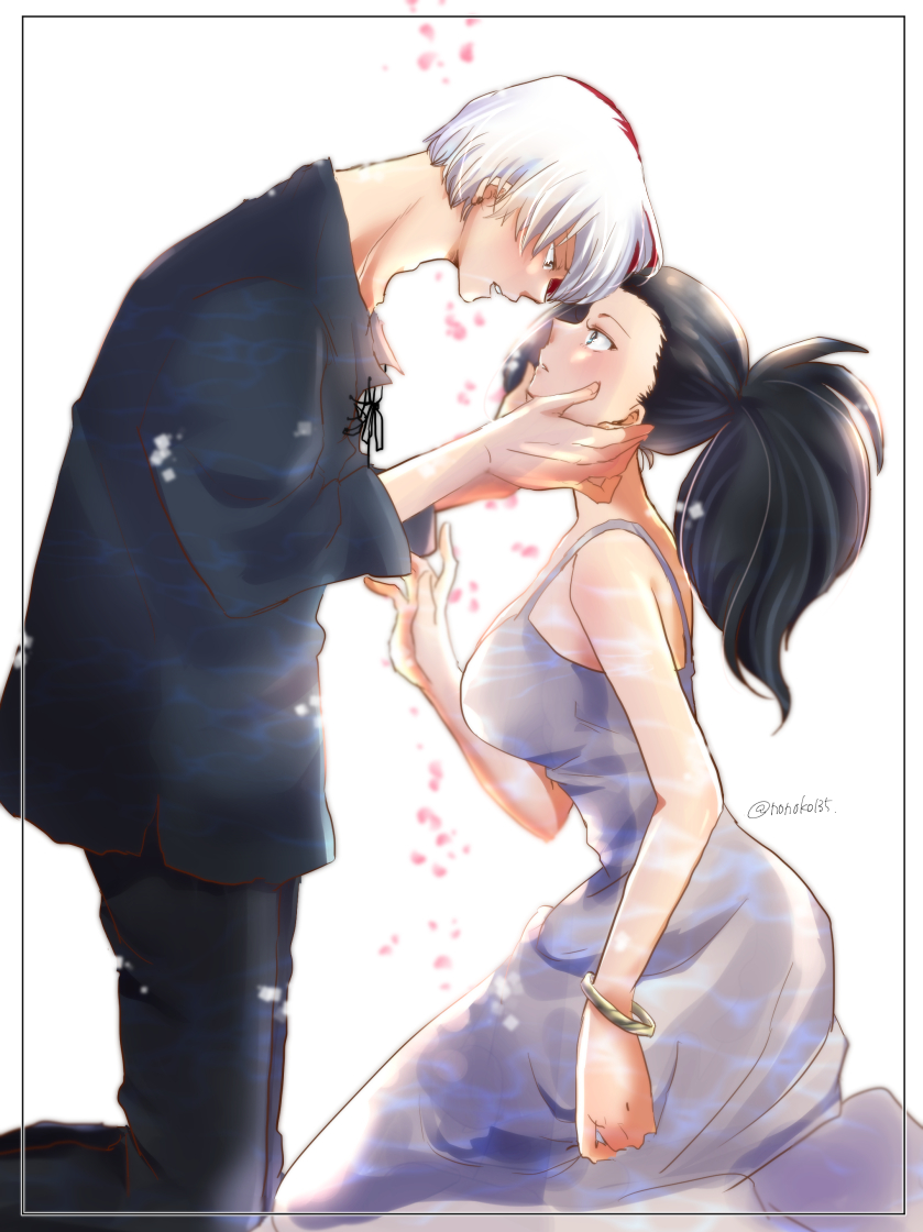 1boy 1girl artist_name artist_request bangs black_hair blue_eyes blue_pants blue_shirt blush boku_no_hero_academia bracelet breasts brown_eyes couple dress eye_contact eyelashes frame hands_on_another's_face hetero imminent_kiss jewelry large_breasts lavender_dress lips looking_at_another multicolored_hair open_mouth pants parted_lips petals ponytail redhead shirt short_hair simple_background todoroki_shouto two-tone_hair white_background white_hair yaoyorozu_momo