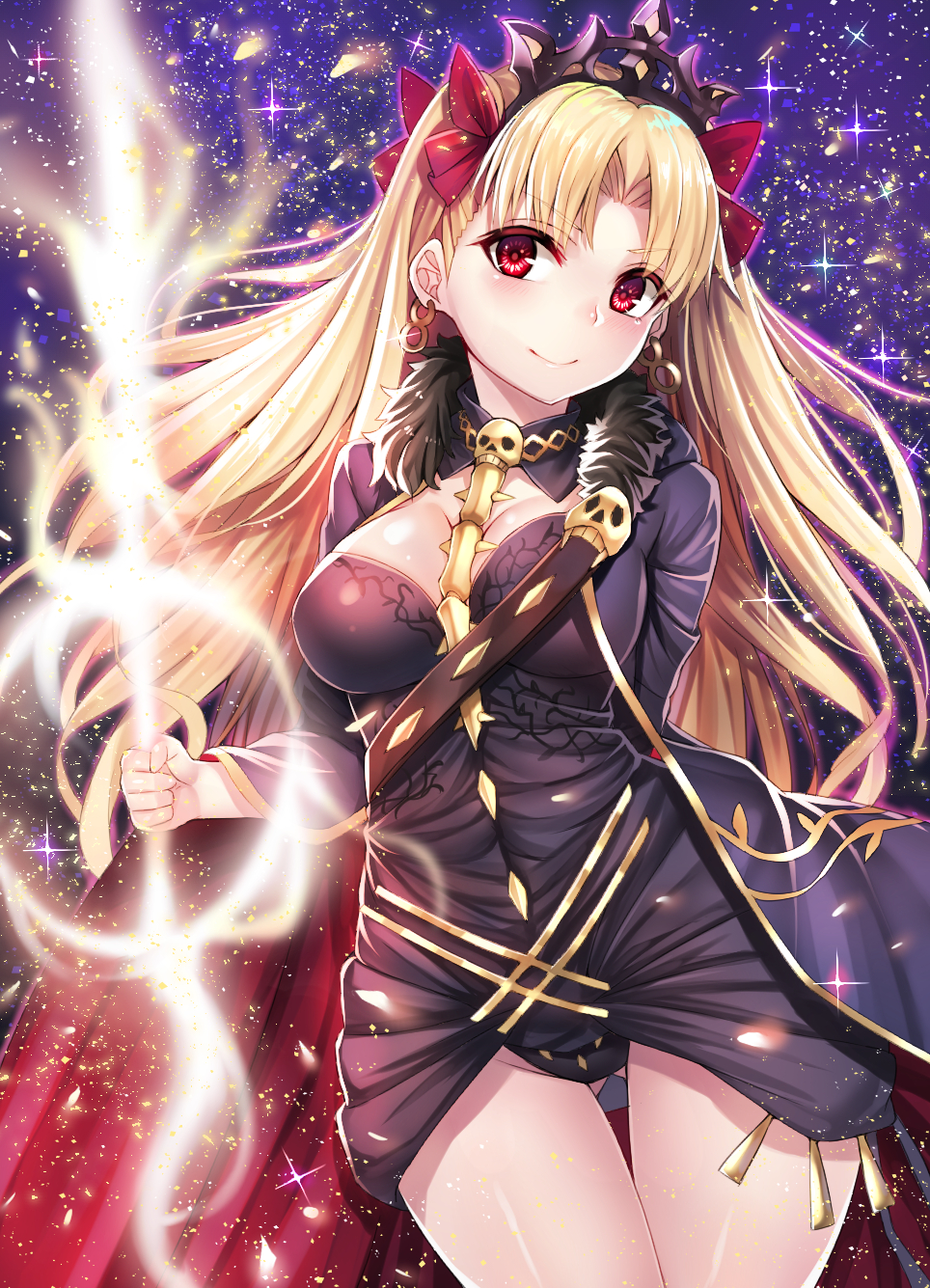 1girl arm_behind_back bangs beeyan between_breasts blonde_hair blush breasts cape cleavage closed_mouth commentary_request earrings ereshkigal_(fate/grand_order) fate/grand_order fate_(series) glowing glowing_weapon gluteal_fold hair_ribbon highres holding holding_weapon jewelry long_hair parted_bangs red_eyes red_ribbon ribbon skull sky solo sparkle star_(sky) starry_sky thigh_gap tiara tohsaka_rin twintails two_side_up weapon