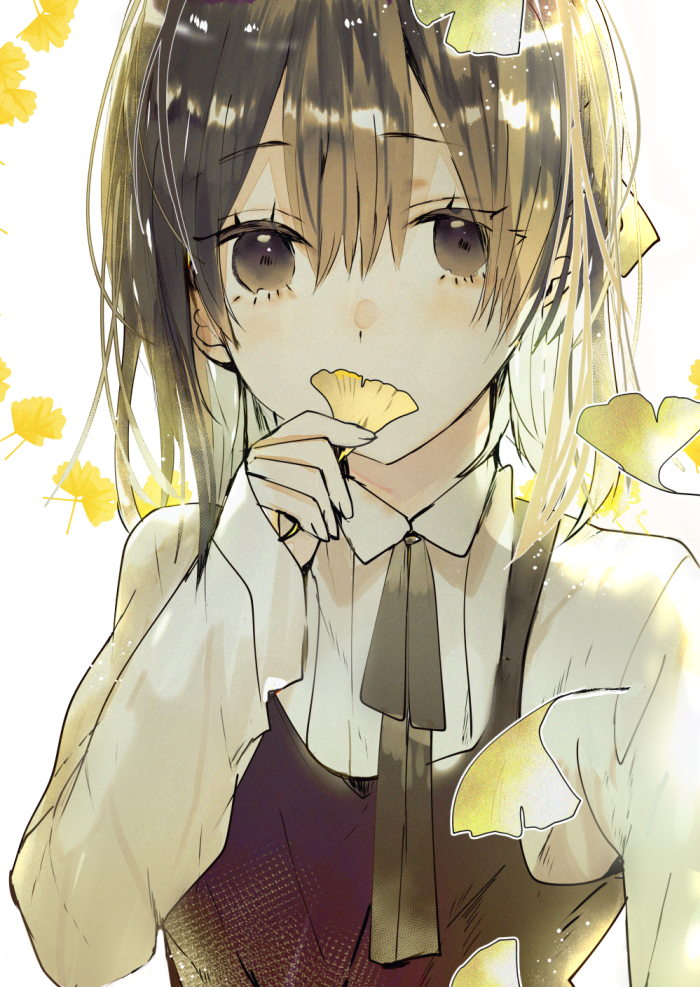 1girl backlighting bangs blouse brown_eyes brown_hair camisole camisole_over_clothes covering_mouth ginkgo_leaf hair_between_eyes hand_up holding holding_leaf leaf long_hair looking_at_viewer original poni_(rito) simple_background solo upper_body white_background white_blouse