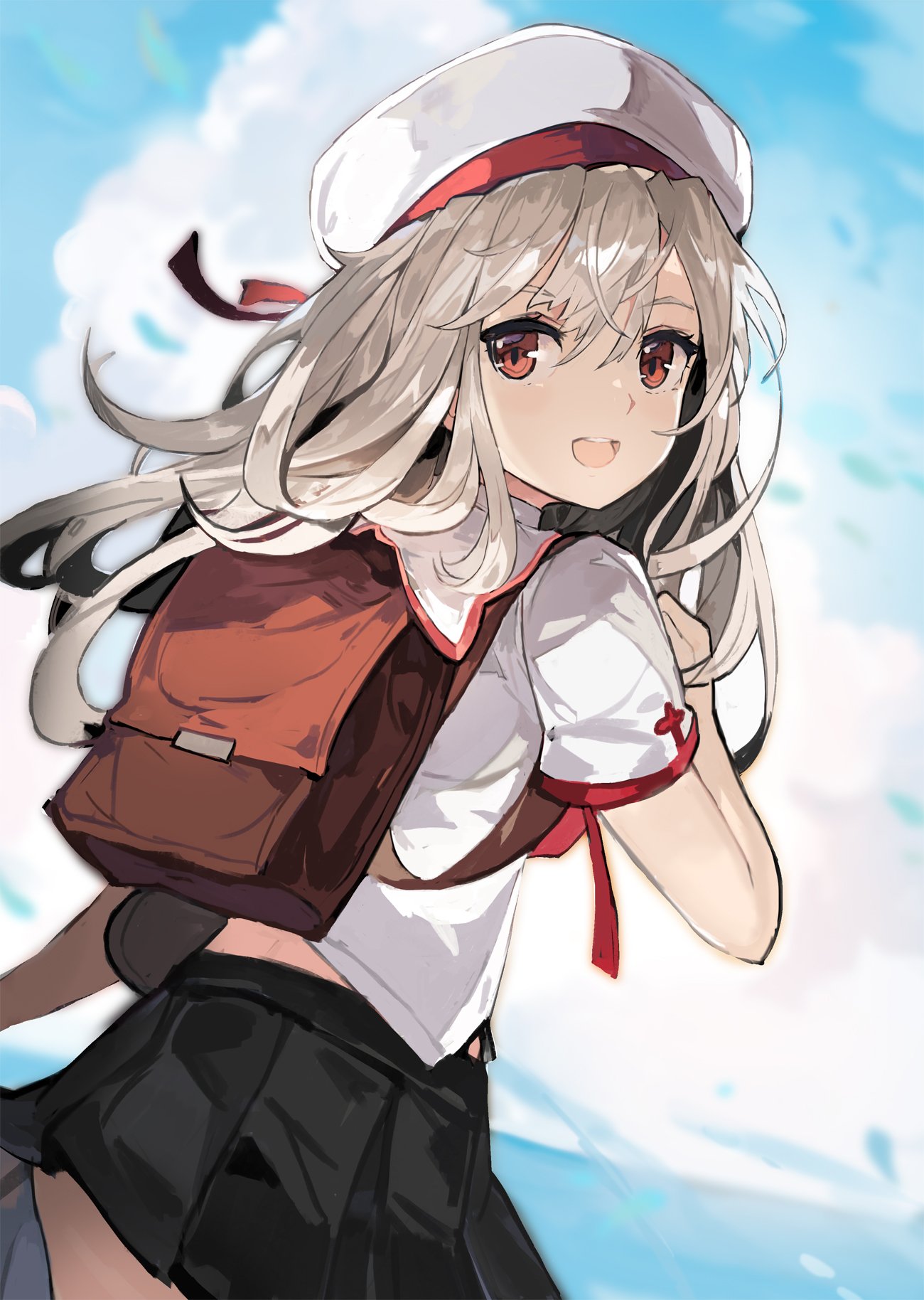 1girl :d alchemaniac backpack bag black_skirt cowboy_shot eyebrows_visible_through_hair fate/kaleid_liner_prisma_illya fate/stay_night fate_(series) floating_hair from_behind hair_between_eyes hair_ribbon hat highres illyasviel_von_einzbern long_hair looking_at_viewer looking_back miniskirt open_mouth pleated_skirt red_eyes red_ribbon ribbon school shirt short_sleeves silver_hair skirt smile solo standing white_hat white_shirt