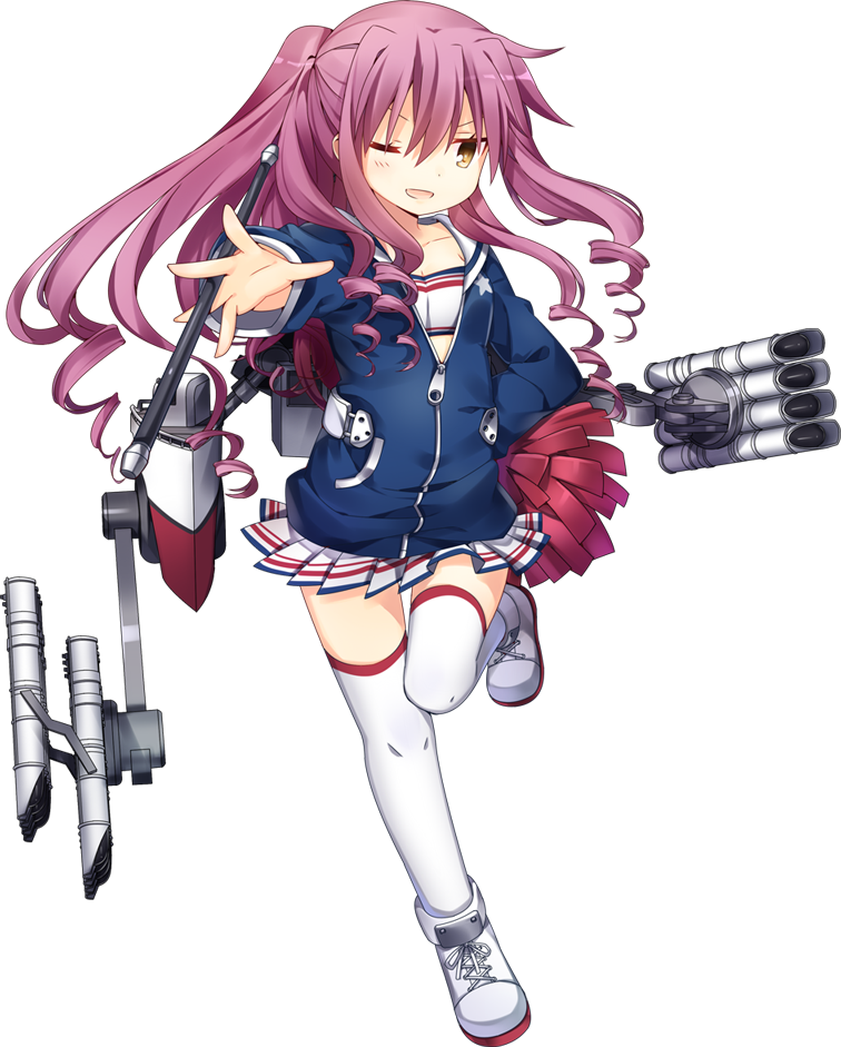1girl ;d azur_lane bangs baton between_fingers blue_jacket blush breasts cleavage collarbone craven_(azur_lane) dot_nose drill_hair eyebrows eyelashes facing_away floating_hair full_body hair_between_eyes hand_on_hip jacket jiang-ge leg_up long_hair looking_away machinery miniskirt official_art one_eye_closed open_mouth orange_eyes outstretched_arm pleated_skirt pocket pom_poms purple_hair shoes sidelocks simple_background skirt small_breasts smile sneakers solo standing standing_on_one_leg star star_print strapless thigh-highs thigh_gap torpedo transparent_background tsurime tubetop unzipped white_footwear white_legwear white_skirt zettai_ryouiki zipper zipper_pull_tab