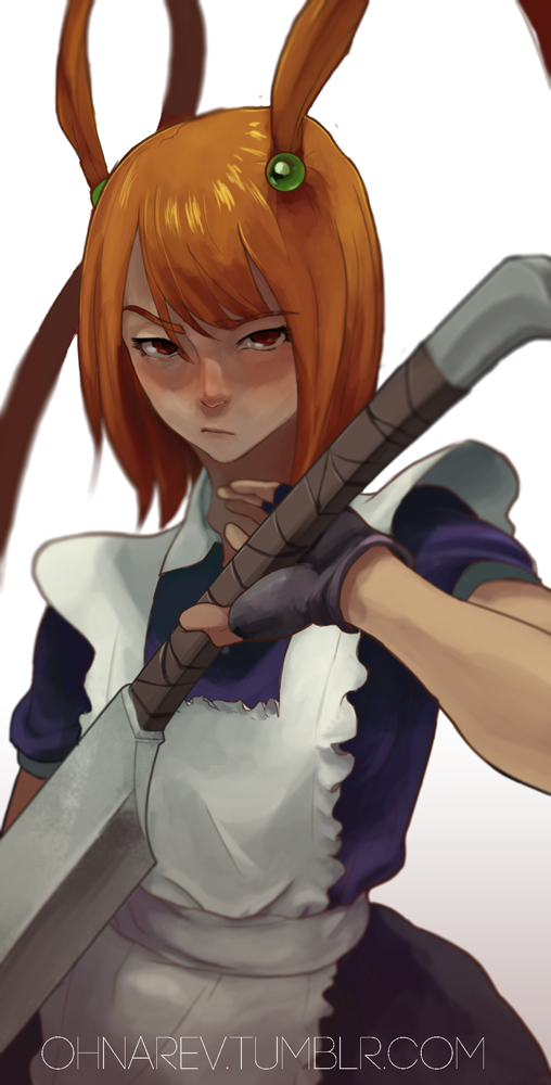 1girl apron fingerless_gloves flat_chest gloves holding holding_weapon looking_at_viewer maid ohnarev orange_hair original raised_eyebrow red_eyes solo sword weapon