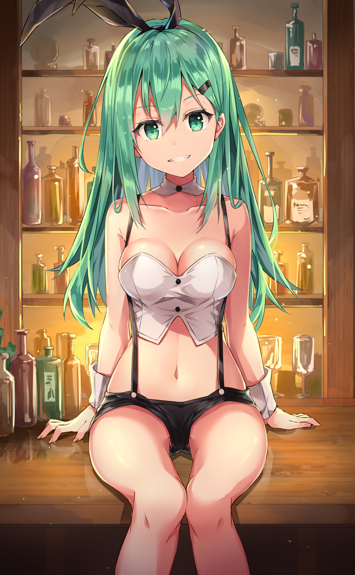 1girl alternate_costume animal_ears aqua_eyes aqua_hair arms_at_sides bangs bar bare_shoulders black_shorts bottle breasts cleavage collarbone counter crop_top cup detached_collar drinking_glass fake_animal_ears feet_out_of_frame grin hair_ornament hairclip indoors kantai_collection knees_together_feet_apart long_hair looking_at_viewer medium_breasts midriff navel on_counter parted_lips rabbit_ears rin_yuu short_shorts shorts sitting smile solo straight_hair strapless suspender_shorts suspenders suzuya_(kantai_collection) tavern thigh_gap wrist_cuffs