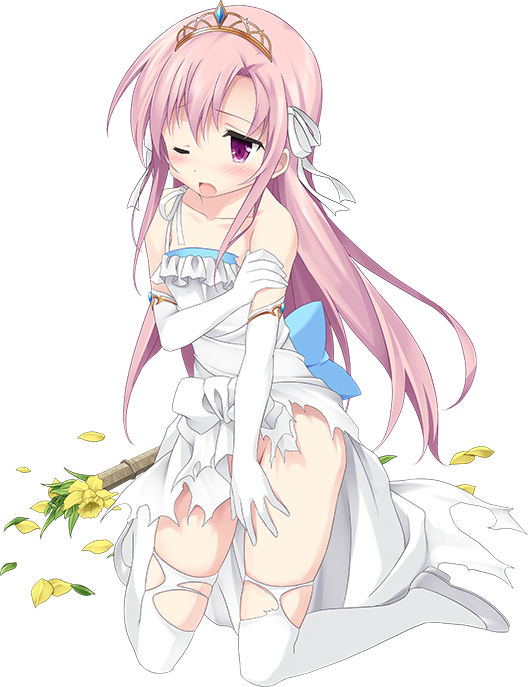 1girl ;o artist_request bare_shoulders blush broken_bow dress elbow_gloves gloves grey_footwear high_heels leeds_(oshiro_project) long_hair official_art one_eye_closed oshiro_project oshiro_project_re pink_hair solo thigh-highs tiara torn_clothes torn_dress torn_thighhighs transparent_background violet_eyes white_dress white_gloves white_legwear