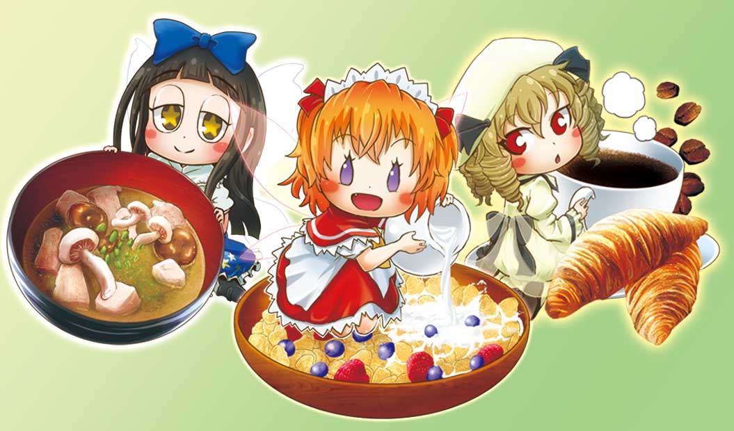 3girls ascot bangs black_hair blonde_hair blue_eyes blueberry blunt_bangs blush bow bowl capelet cereal chamaji coffee coffee_beans coffee_cup crescent croissant dress drill_hair eyebrows_visible_through_hair fairy_wings fang food frills fruit gradient gradient_background hair_between_eyes hair_bow hat headdress kneeling long_hair long_sleeves luna_child multiple_girls mushroom open_mouth orange_hair pitcher pouring raspberry red_eyes saucer shoes short_hair short_sleeves simple_background skirt smile soup star star-shaped_pupils star_sapphire sunny_milk symbol-shaped_pupils tofu touhou wide_sleeves wings