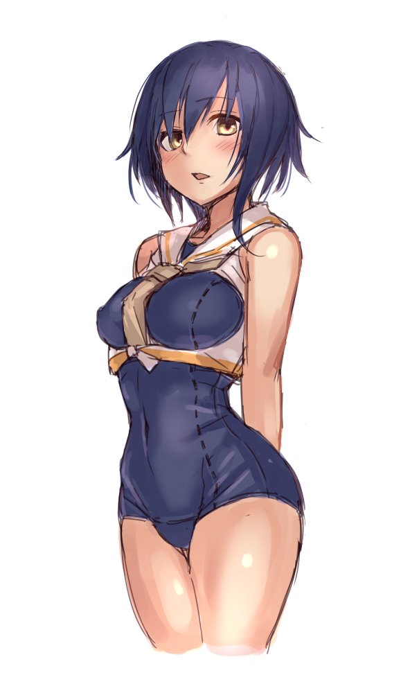 1girl arms_behind_back bare_shoulders blue_hair blue_swimsuit blush breasts commentary_request covered_navel cowboy_shot crop_top eyebrows_visible_through_hair fumikiri hair_between_eyes headgear_removed i-13_(kantai_collection) kantai_collection large_breasts legs_together looking_at_viewer necktie one-piece_swimsuit parted_lips sailor_collar school_uniform serafuku short_hair simple_background solo swimsuit white_background white_sailor_collar yellow_eyes yellow_neckwear