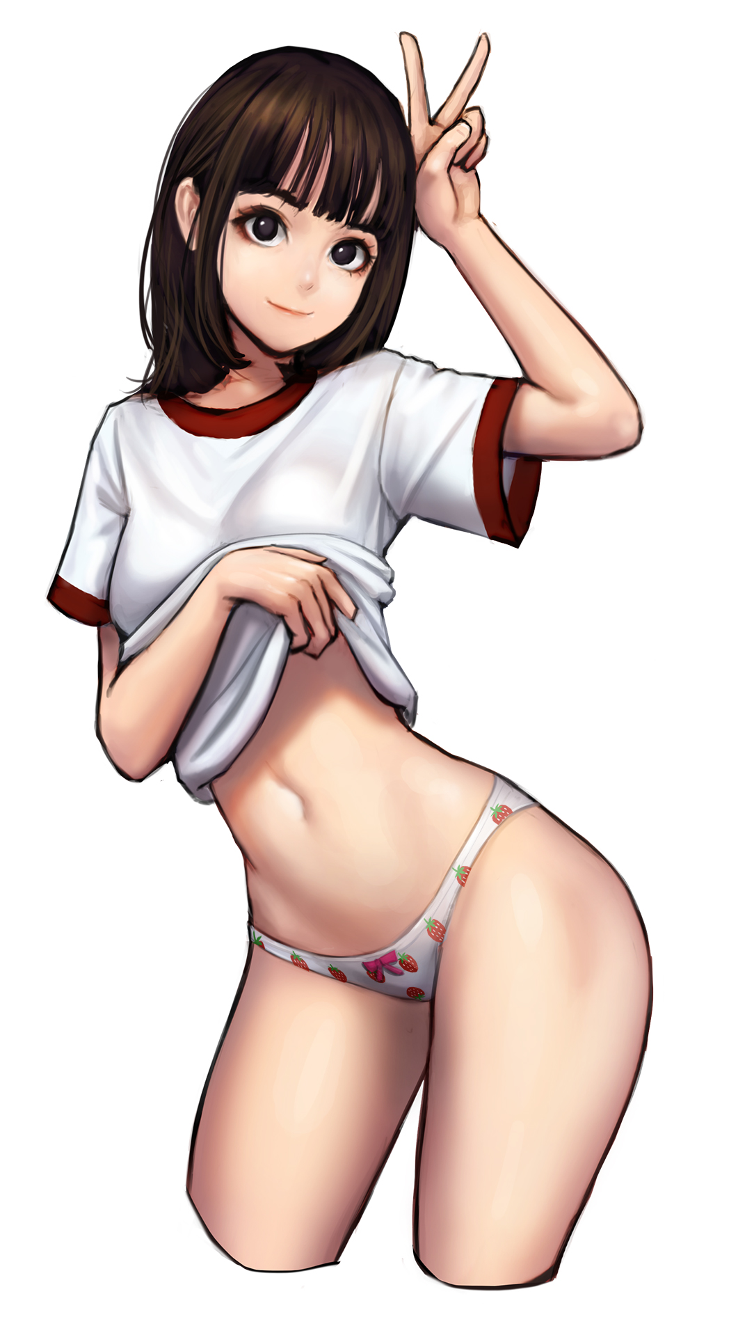 1girl arm_up bangs black_eyes blunt_bangs closed_mouth contrapposto cropped_legs food_print hand_on_own_head highres jungon_kim leaning_to_the_side lifted_by_self navel no_pupils original panties print_panties shirt shirt_lift short_hair short_sleeves simple_background smile solo standing stomach strawberry_panties strawberry_print thighs underwear v white_background white_shirt