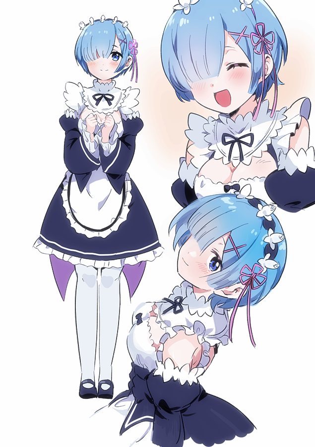 1girl :d apron bangs bare_shoulders black_bow black_footwear black_ribbon blue_eyes blue_hair blush bow breasts closed_eyes closed_mouth detached_sleeves eyebrows facing_viewer full_body hair_between_eyes hair_ornament hair_over_one_eye hands_up legs_apart long_sleeves maid maid_apron maid_headdress mary_janes medu_(rubish) multiple_views open_mouth pantyhose puffy_long_sleeves puffy_sleeves re:zero_kara_hajimeru_isekai_seikatsu rem_(re:zero) ribbon shoes short_hair simple_background small_breasts smile solo standing waist_apron white_apron white_background white_legwear x_hair_ornament