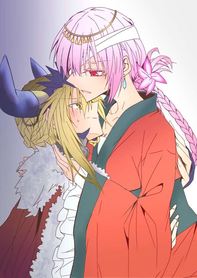 2girls artoria_pendragon_(all) artoria_pendragon_(lancer_alter) bandage_over_one_eye blonde_hair blush braid cow_horns divine_princess_of_the_storm earrings fate/grand_order fate_(series) florence_nightingale_(fate/grand_order) frills horn_ring horns hug jewelry looking_at_another monokuro_(sekahate) multiple_girls ox-demon_king ox_horns pink_hair red_eyes sash shadow upper_body wide_sleeves yellow_eyes yuri