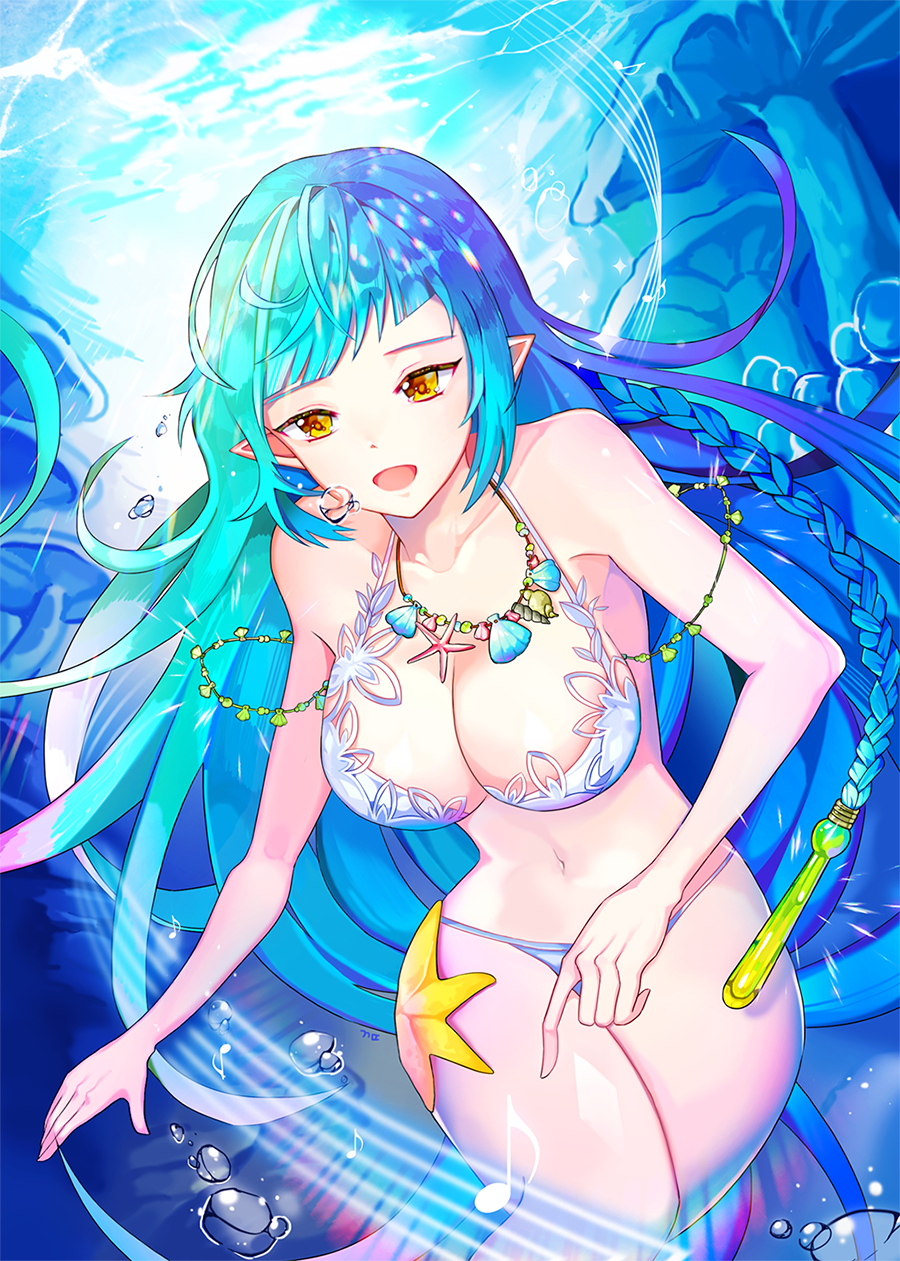 1girl :d air_bubble bikini blue_hair braid breasts bubble ggomddak highres large_breasts long_hair navel open_mouth pointy_ears qurare_magic_library seashell_necklace smile swimsuit underwater yellow_eyes