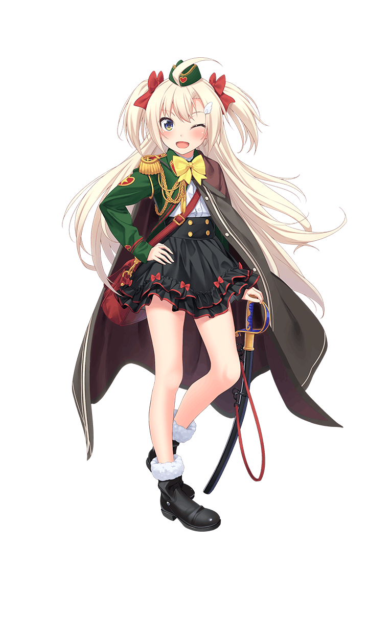 1girl ;d ahoge black_footwear black_skirt blonde_hair blue_eyes boots bow cape crop_top epaulettes formation_girls frilled_skirt frills full_body fur-trimmed_boots fur_trim hair_ribbon hand_on_hip highres long_hair looking_at_viewer military military_uniform neck_bow olga_hodrewa one_eye_closed open_mouth red_ribbon ribbon sheath sheathed skirt smile solo sword tenkuu_nozora transparent_background twintails uniform very_long_hair weapon yellow_bow