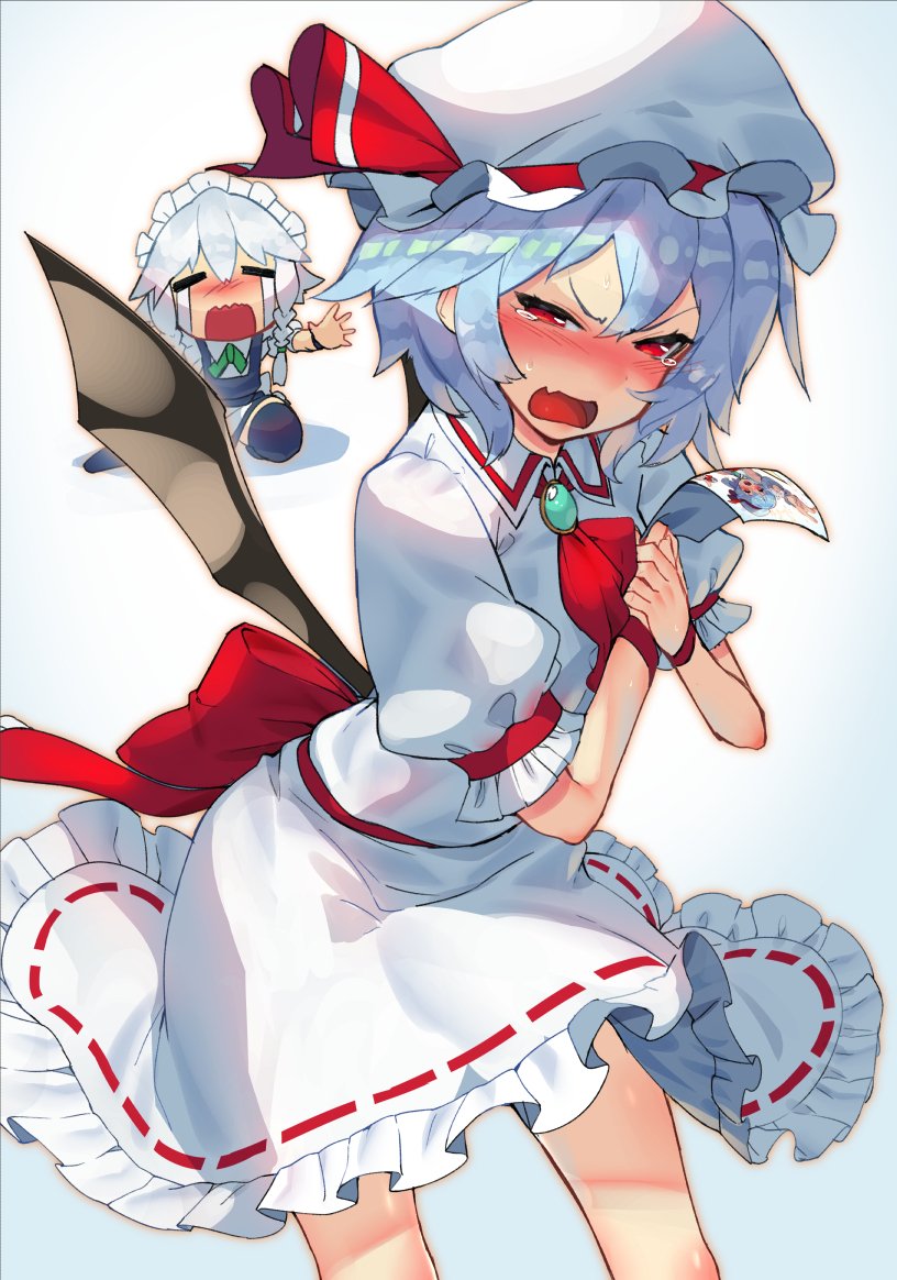 2girls =_= apron ascot bat_wings black_legwear blue_hair bow braid brooch commentary_request crying crying_with_eyes_open dress fang frills green_bow green_neckwear hat hat_ribbon holding_photo izayoi_sakuya jewelry maid_headdress mob_cap multiple_girls open_mouth photo_(object) puffy_short_sleeves puffy_sleeves red_eyes red_neckwear red_ribbon remilia_scarlet ribbon seiza short_hair short_sleeves sitting sukocchi tears thigh-highs touhou twin_braids white_dress white_hair wings wristband