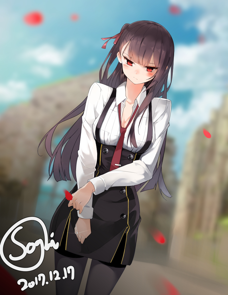 1girl arm_across_waist arm_at_side bangs black_dress blunt_bangs blurry blush braid breasts chocolate_hair cleavage closed_mouth cowboy_shot dated depth_of_field dress girls_frontline hair_ribbon half-closed_eyes half_updo hand_on_own_arm jewelry long_hair looking_at_viewer medium_breasts necktie one_side_up outdoors pantyhose pelvic_curtain petals purple_hair red_eyes red_neckwear ribbon ring rose_petals short_dress side_ponytail signature solo thighband_pantyhose tsundere very_long_hair vkdlfl777 wa2000_(girls_frontline) wedding wedding_band wedding_ring