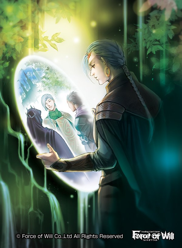 1boy back braid cape circlet copyright_name earrings faceless faceless_male force_of_will jewelry leaf long_hair male_focus mirror official_art solo sparkle upper_body white_hair