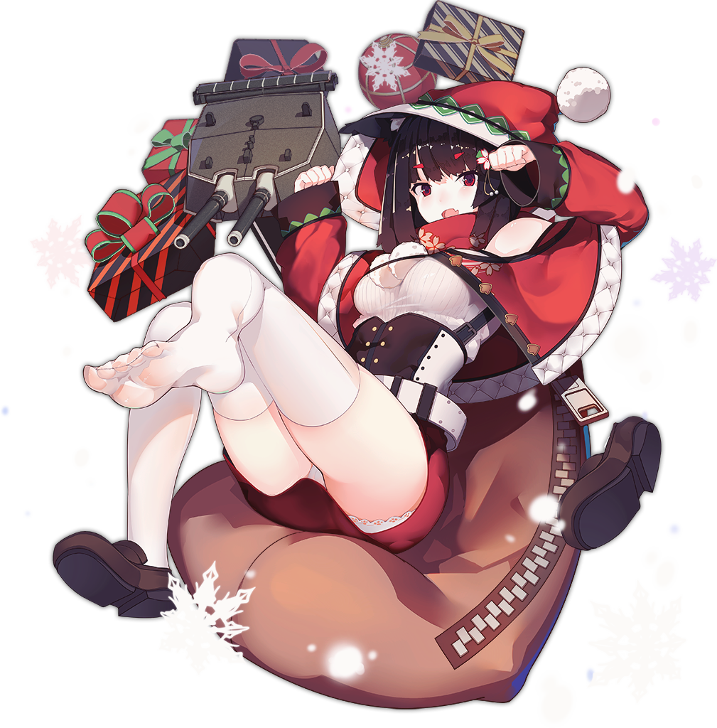 1girl :d animal_ears azur_lane bangs bare_shoulders black_hair capelet cat_ears christmas eyebrows_visible_through_hair fang feet full_body gift hood hood_up loafers long_sleeves machinery official_art open_mouth panties pantyshot pantyshot_(sitting) rain_lan red_capelet red_eyes sack santa_costume shiny shiny_hair shirt shoes short_hair simple_background single_shoe sitting smile snow snowflakes solo thigh-highs tongue transparent_background underwear white_legwear white_panties white_shirt yamashiro_(azur_lane) zipper zipper_pull_tab