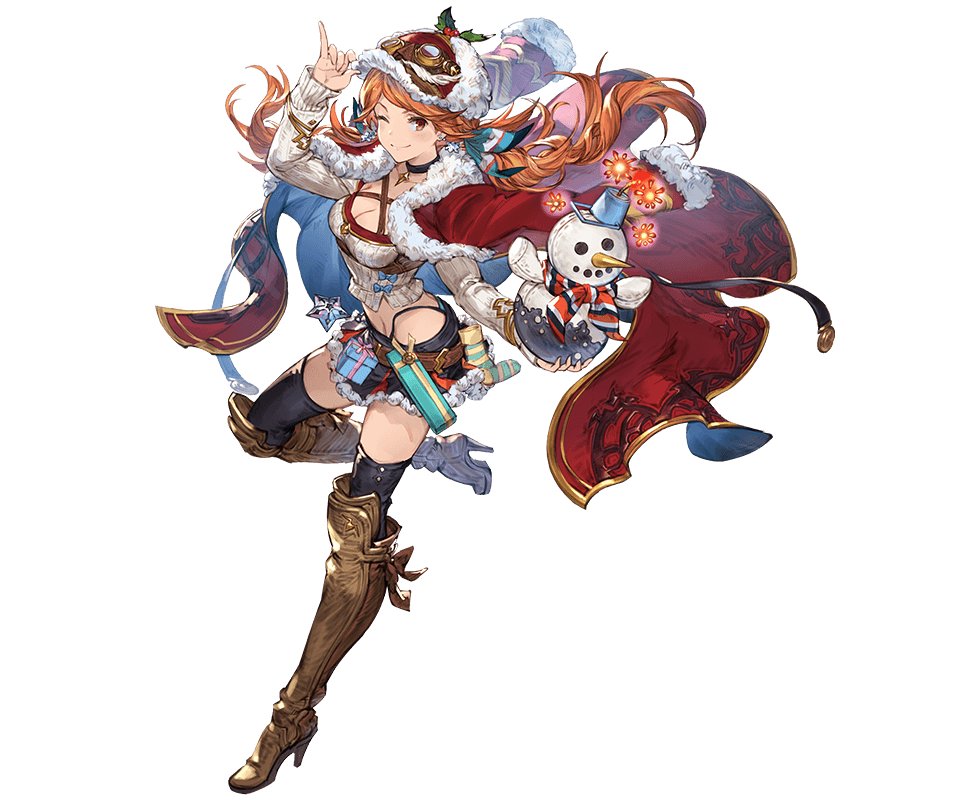 1girl ;) bomb boots breasts cape choker cleavage full_body fur_trim gift goggles goggles_on_head granblue_fantasy hat_tip long_hair looking_at_viewer mary_(granblue_fantasy) minaba_hideo miniskirt official_art one_eye_closed orange_eyes orange_hair skirt smile snowman solo standing standing_on_one_leg transparent_background twintails