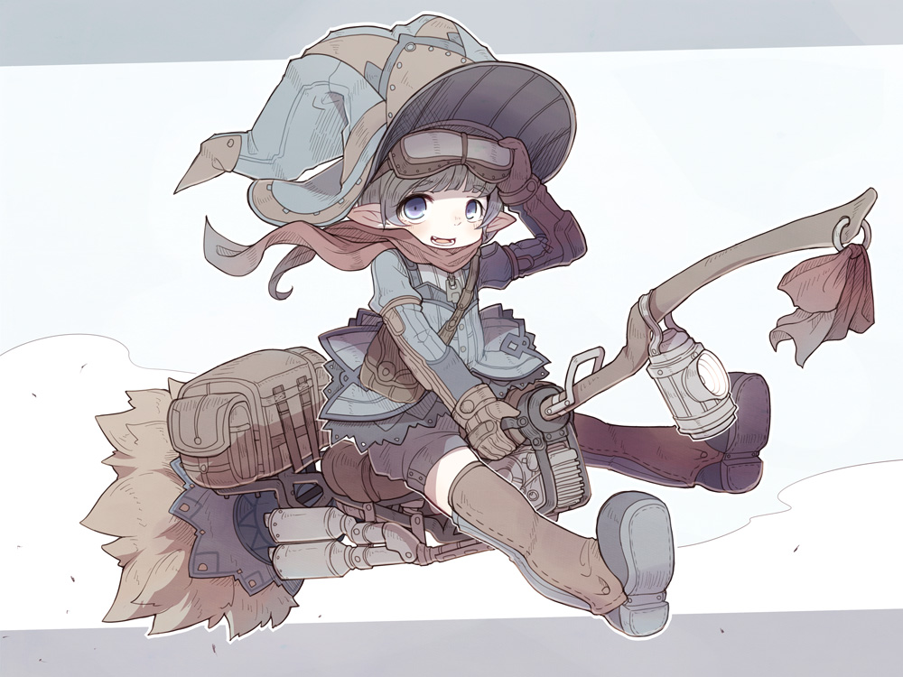 1girl backpack backpack_removed bag blue_eyes boots broom broom_riding commentary crab_man engine exhaust_pipe gloves goggles goggles_on_head hat lantern original pointy_ears pouch scarf short_hair shorts simple_background solo thigh-highs thigh_boots witch witch_hat