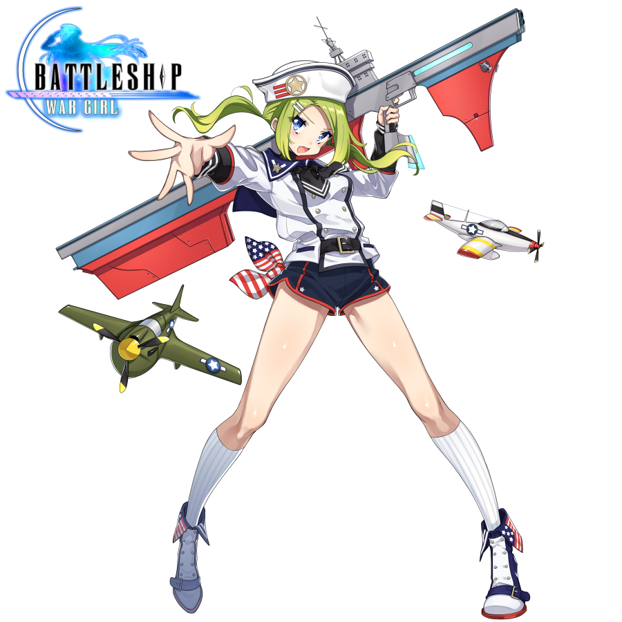 1girl aircraft airplane american_flag american_flag_print battleship:_war_girl belt blue_eyes copyright_name flag_print full_body green_hair hat holding holding_weapon kneehighs looking_at_viewer military_jacket official_art open_mouth outstretched_arm ribbed_legwear short_shorts shorts solo spread_legs standing thigh-highs twintails weapon westxost_(68monkey) yorktown_(battleship:_war_girl)